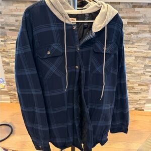 Wrangler Navy Plaid Shirt Jacket with Gray Hood